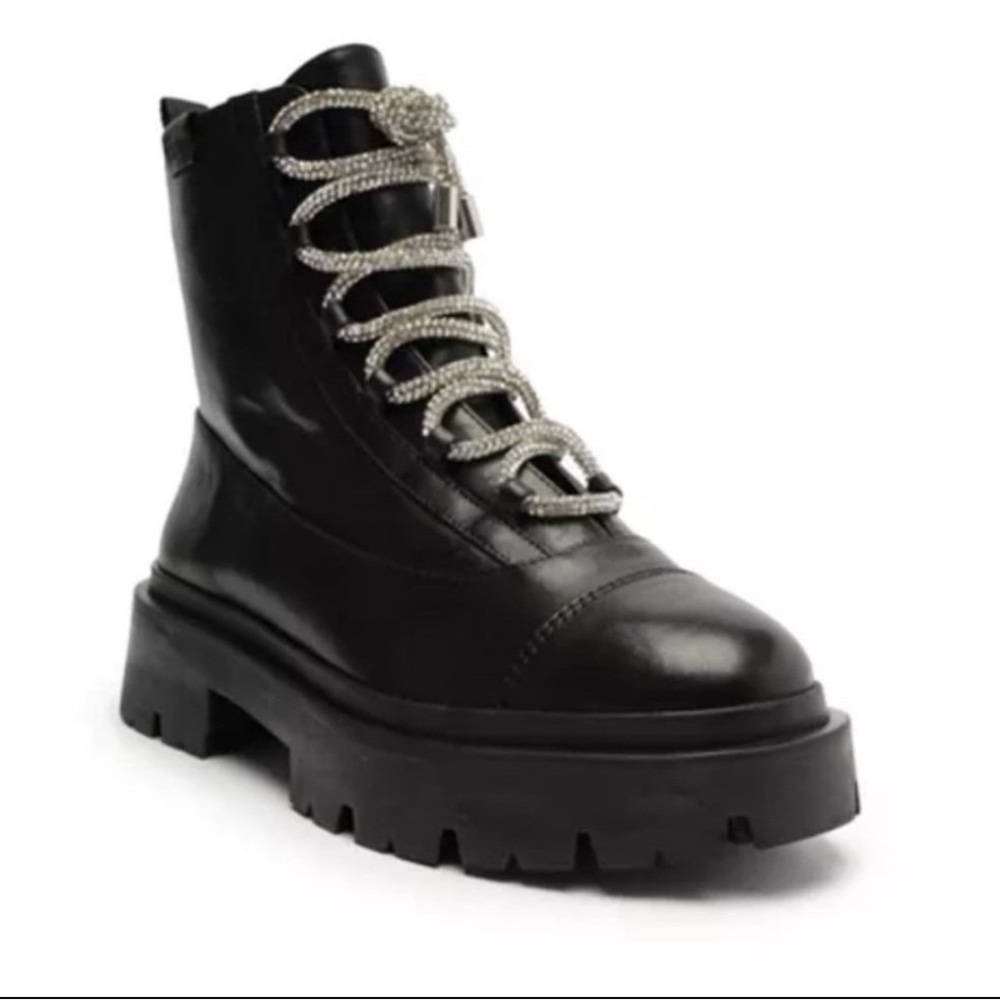 NIB Schutz Kaile Black Lug Lace Up/Side Zip Combat Moto Leather Boots SZ 7